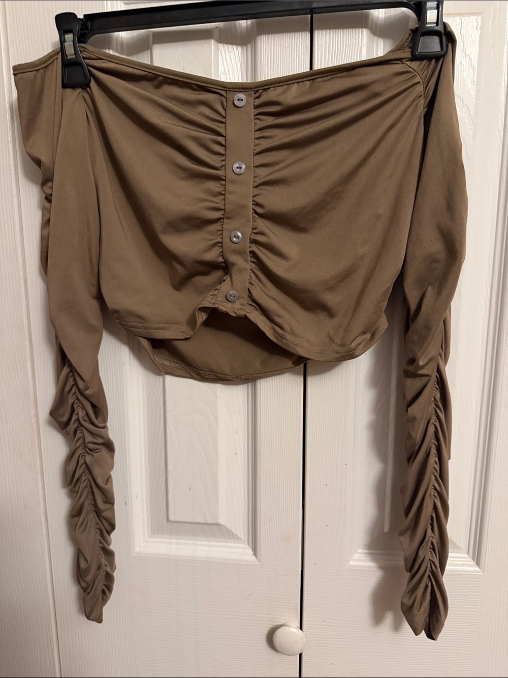 SHEIN Taupe Off-Shoulder Ruched Sleeve Button-Front Crop Top